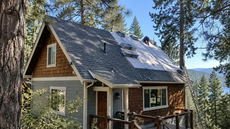 A cedar-shingled mountain cabin with fresh courses of shingle being laid across the roof