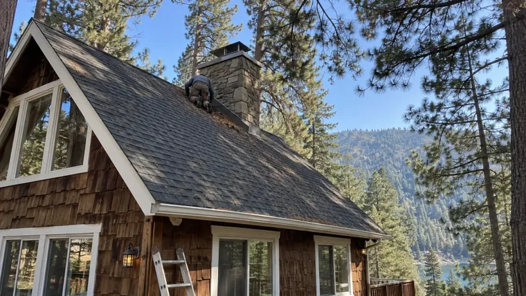 A shingle roof on a cabin in the pines, seen from above the eaves